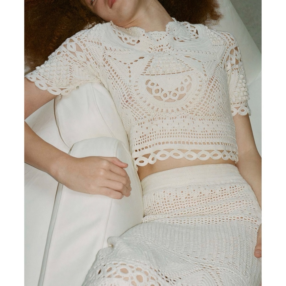 NWT SEA New York White Short-Sleeve Crochet Knit Carter Sweater Top